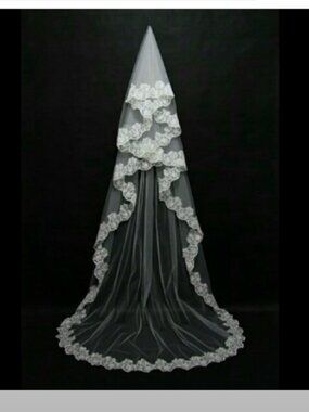 Cathedral Length White Floral Lace Embroidered Mantilla Style Veil Without Comb